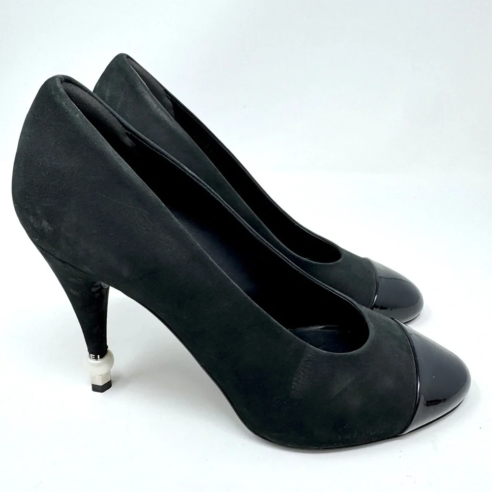 CHANEL Black Suede Pearl Accent Patent Leather Cap Toe Pumps